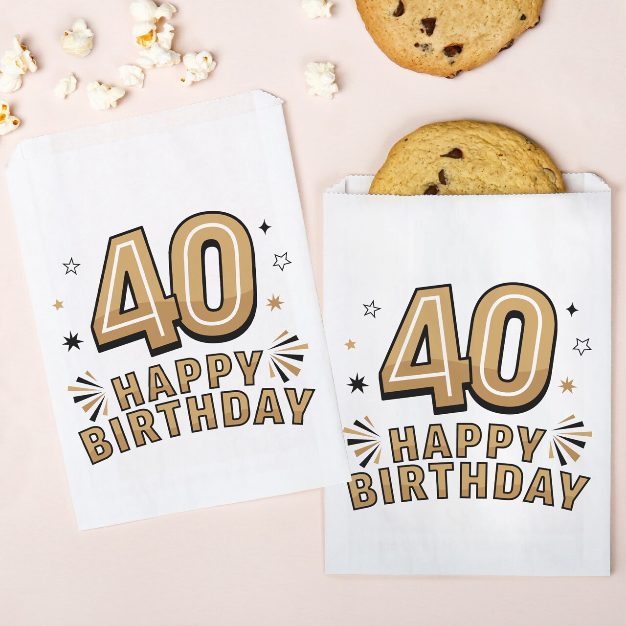 Big Dot of Happiness Adult 40th Birthday White Paper Treat Bags, Black & Gold Individual Greaseproof Brown Paper Sandwich Cookie Bags - 25 Count